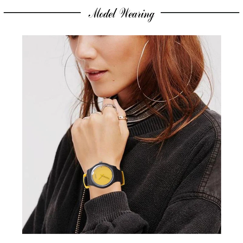 

Mode Uhr Frauen Sport Kreative Gelb Einfache Zifferblatt Schwarz Riemen Quarzuhr Ins Stil Silikon Relogio Feminino