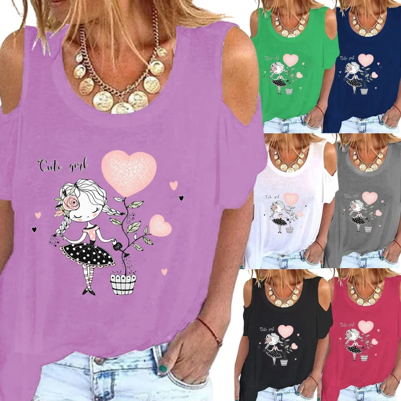 

Women's Summer Fashion Off Shoulder Butterfly Print T-shirt Loose Casual Shirt Short Sleeve Tops Plus Size