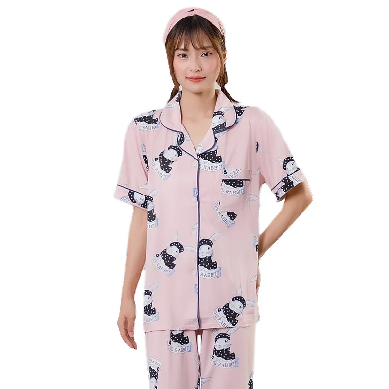 

New Arrival Pajama Sets Home Nightwear Girl Pajama Sets Women short Sleeve and long pants Satin For Woman