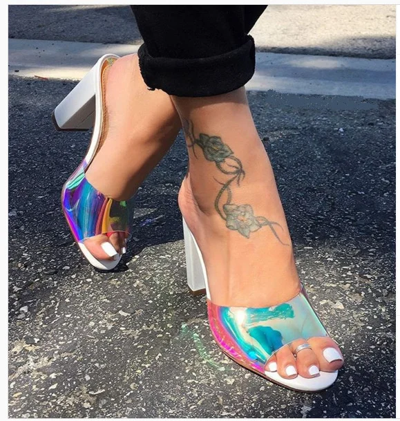

2020 new women's shoes thick high heel fluorescent color PVC sandals straight slippers 35-42