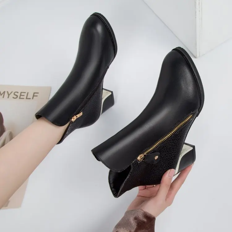 

New Autumn Winter Women Fashion PU Leather Martin Boots 6CM Heels Ladies Ankle Thick Pointed Toe Short Booties Zapatos de mujer