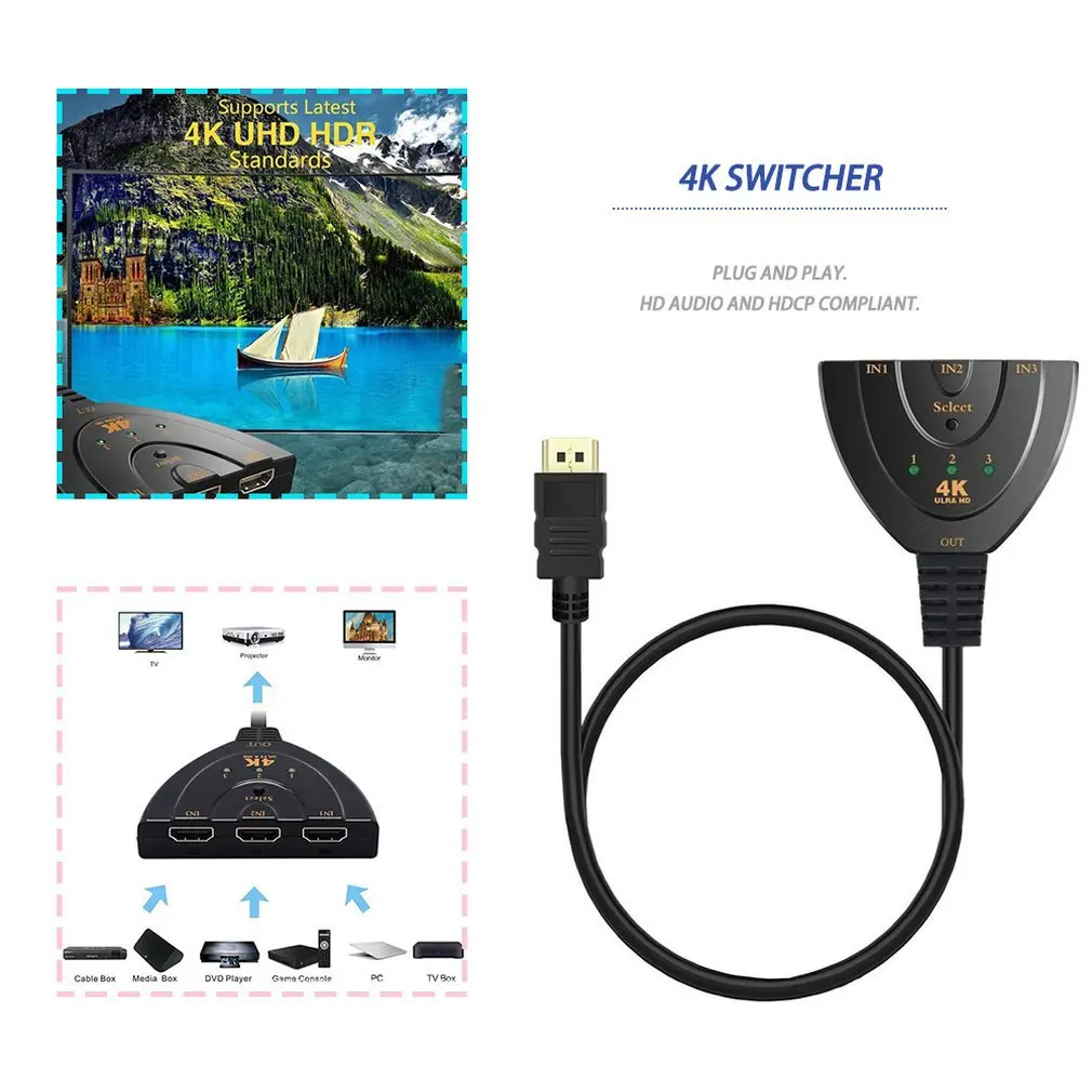 

3D Mini 3 Port HDMI-compatible 1.4 Switch 4K Switcher HD Splitter 1080P 3 in 1 out Video Adapter for DVD HDTV Xbox PS3 PS4