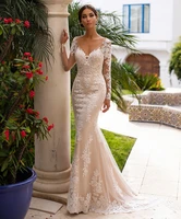 hot champagne mermaid wedding dresses illusion long sleeves v neck lace applique backless bridal gown vestido de mairee
