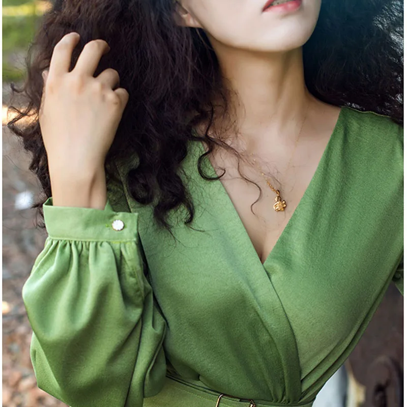 Женское длинное платье с авокадо зеленое тонкой талией весна-осень 2021 NBH12 |