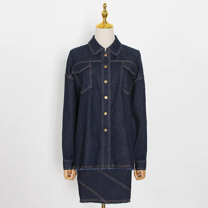 

High Street Women Solid Denim Skirts Two-Piece Set 2020 Autumn Chic Deep V-neck Single-breasted Coats High Waist Mini Skirts Set