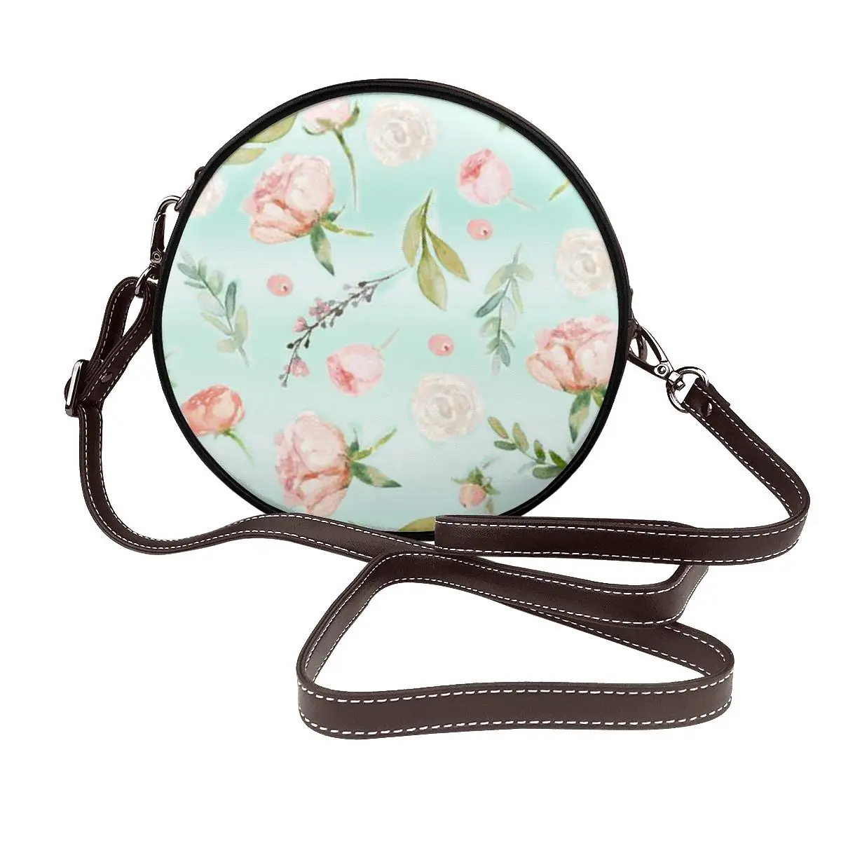 

Minty Peach Floral Shoulder Bag Leaf Student Gifts Round Bag Retro Leather Business Purse