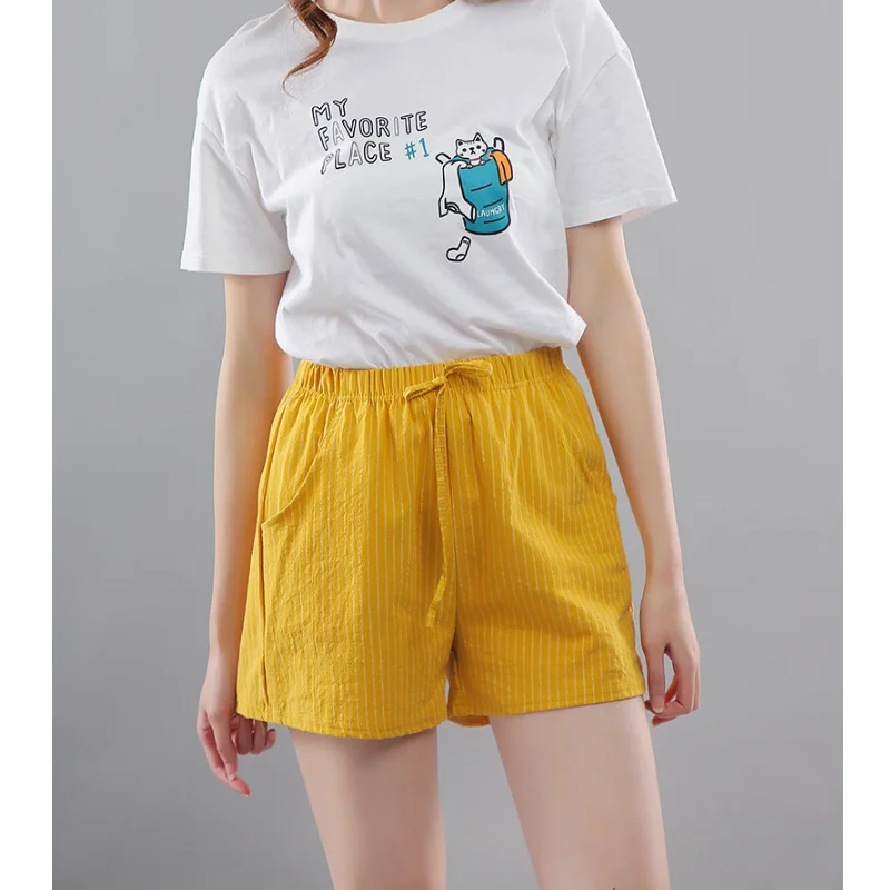 

2021 летние шорты их чистого хлопка женские свободные широкие брюки для девочек новые толстовки с капюшоном, в полоску, в стиле на шнуровке; Же...