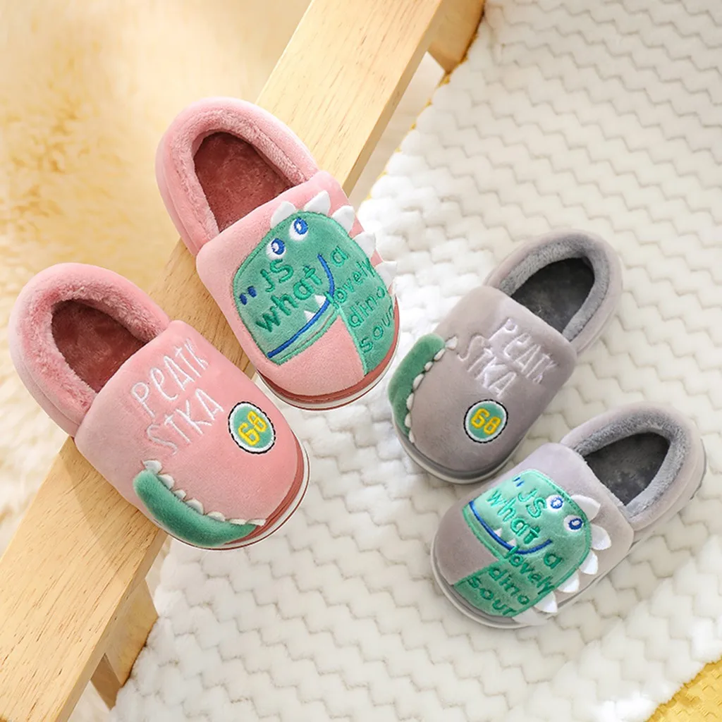 Suihyung/Детские зимние домашние тапочки; плюшевые тапочки с рисунком динозавра и монстра; домашняя обувь для мальчиков и девочек; пушистые слипоны; детская обувь