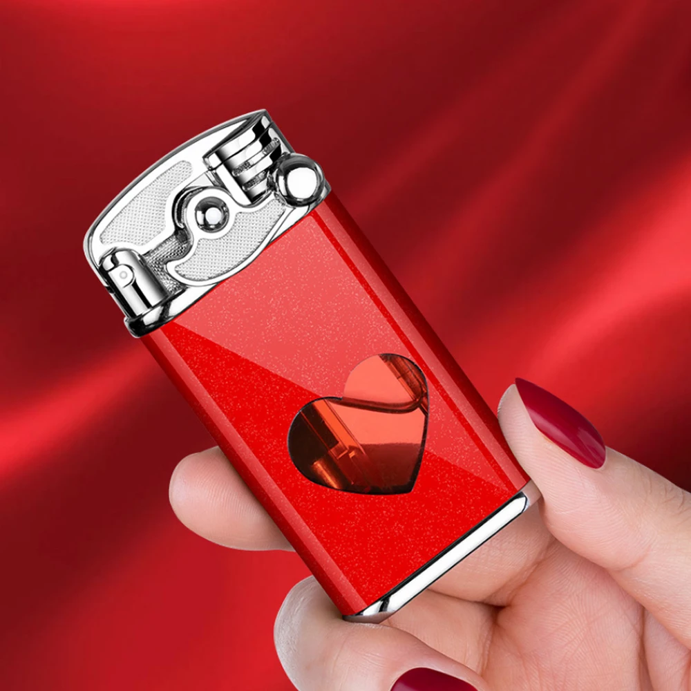

Gas Torch Lighters Smoking Accessories Heart Visible Transparent Fuel Tank Metal Retro Grinding Wheel Rocker Lighter Men's Gifts