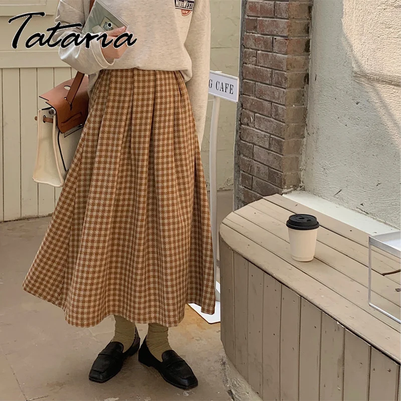 Harajuku Plaid Pleated Skirt Womens Aurumn High Waist A Line Tweed Skirt Female Korean Style Khaki Midi Warm Skirts for Winter