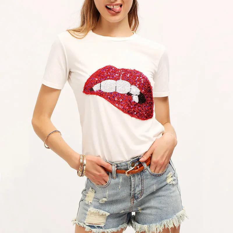 

high quality lady top Fashion Sexy Lips Sequin t shirt Women Clothes Summer Short Sleeve t-shirt Casual Cotton tshirts Female To