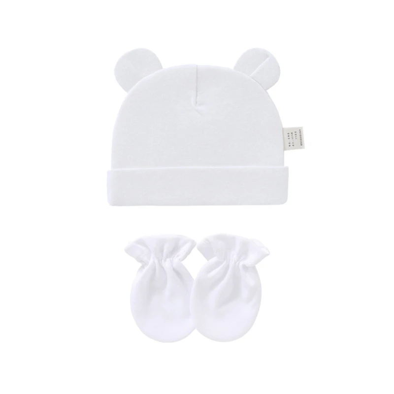 

Baby Infants Anti Scratching Cotton Gloves+Ears Hat Set Newborn Mittens Beanies 85DE