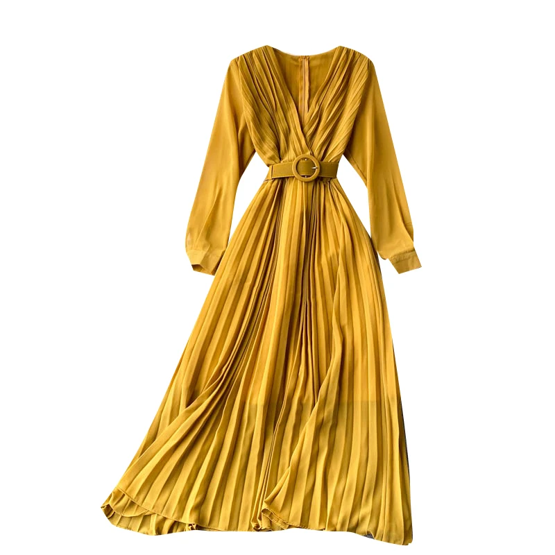 

Women Elegant Solid Pleated Dress V Neck Long Sleeve Sashes A-line Dresses Spring Korean Fashion Streetwear Long Dress