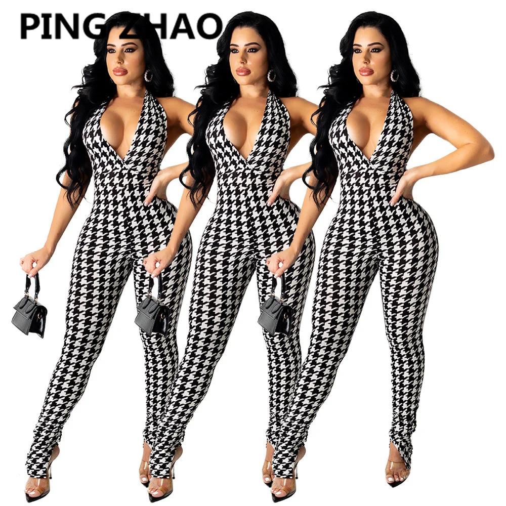 

PING ZHAO Women Jumpsuit Print Sleeveless Strap Strechy Bodycon Jumpsuits Sexy Outfit Summer