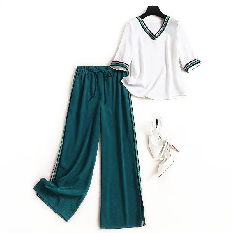 

New Fashion Women Set Hit Color Short Sleeve T-shirts And Drawstring Wide Leg Pants Summer Loose Two Pieces Set Female 2020