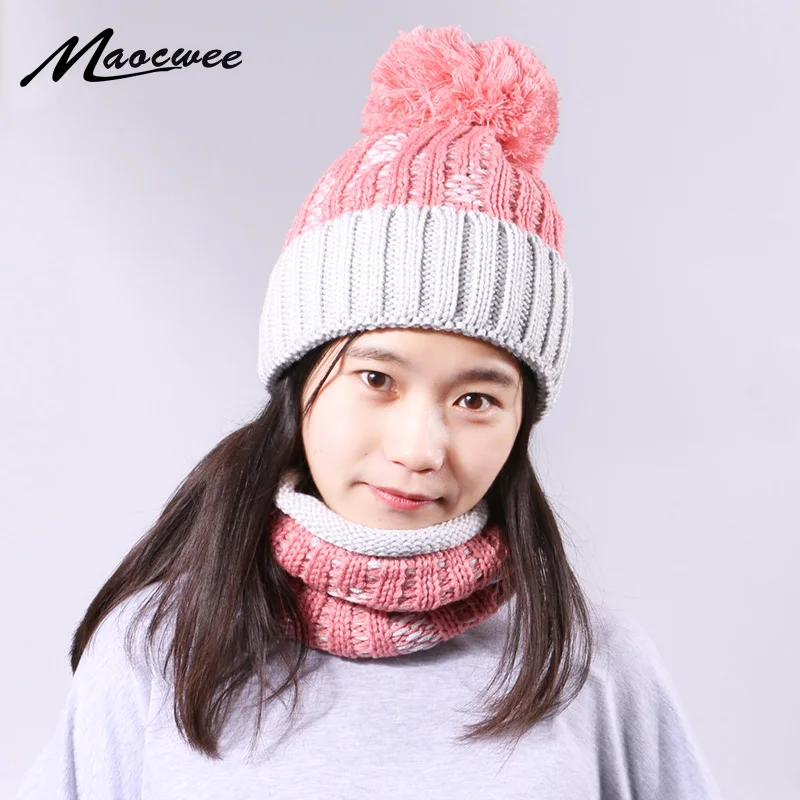 

Зимняя облегающая шапка, стандартный шарф с подкладкой для женщин и мужчин, однотонные вязаные теплые и бархатные плотные шапки с помпоном