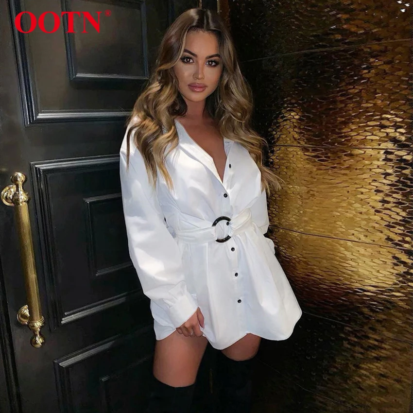 OOTN, отложной воротник, синяя туника, платье-рубашка, женское платье с длинным рукавом и поясом, офисное женское мини-платье, Осень-зима, повседневное белое платье