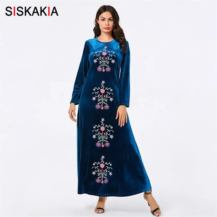 Blue dress Siskakia осень, женское платье с длинным рукавом, вельветовое, длиной до лодыжки, мусульманское повседневное длинное платье размера плюс, новинка, шикарная Цветочная вышивка - Цвет: Blue dress
