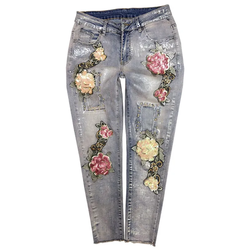 Джинсы женские Стрейчевые с цветочным 3D рисунком модные повседневные облегающие