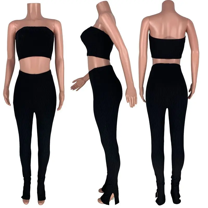 

Sexy Knit Two Piece Set Summer Clothes for Women Slim Crop Top and Split Flare Pant Suit Club Outfits Active Wear Matching Sets