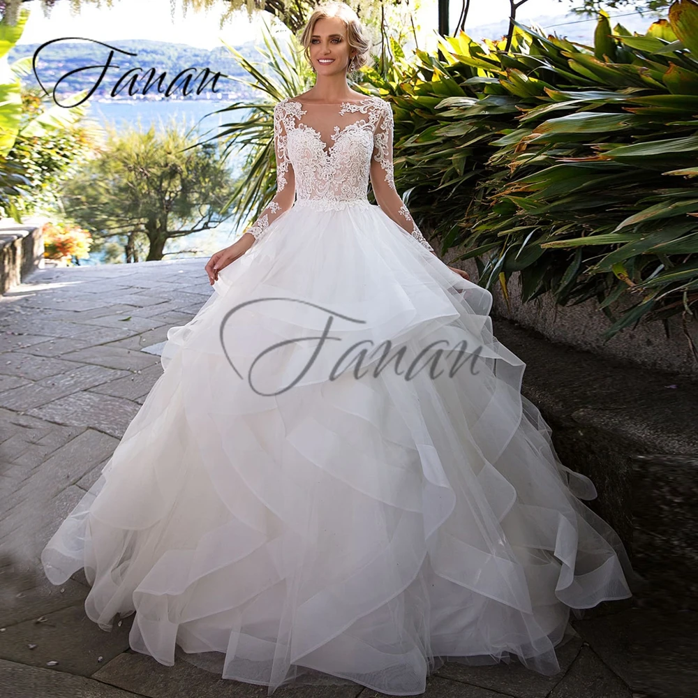 

Scoop Neck Long Sleeve A-Line Tiered Wedding Dresses Lace Appliques Ruched Backless Prom Party Gown vestido de noiva платье