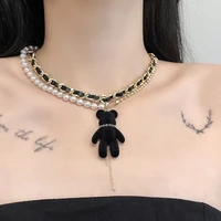 europe hip hop new design black green plush bear pendant necklace double layer pearl choker clavicle chain women