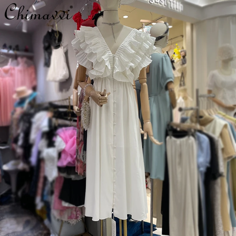 

2021 Summer Dress Women's Fashion Ruffles Pairs V-neck Single Breasted Dress Hepburn Style High Waist Slimming Elegant Dress