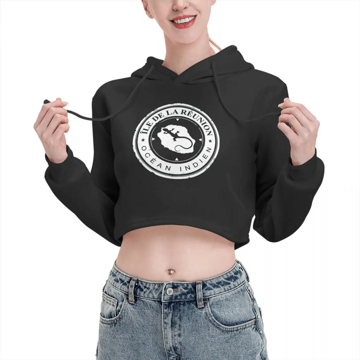 

Open navel Cat Ear Hoodie Sweater 974 Ile De La Reunion(1) Hooded rope Humor Graphic beautiful Print R181 pullover