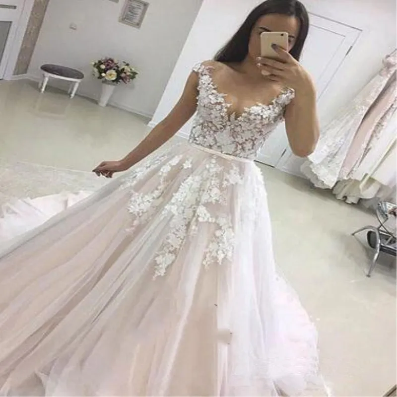 

Applique Wedding Dress 2019 Vestidos de Novia Tulle Lace with Belt Bride Dress Sleeveless Long robe de soiree