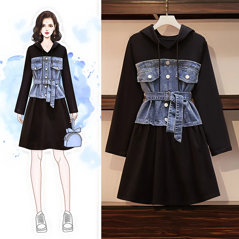 Размера плюс L-4XL летнее платье 2021 джинсовая толстовка с капюшоном в стиле пэчворк