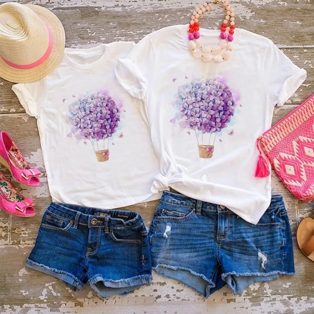 

Harajuku Baby Girl Clothes Cute Mother and Daughter Clothes Fashion Kawaii Flower Hot Air Ball Family Look Hipster Print T Shirt