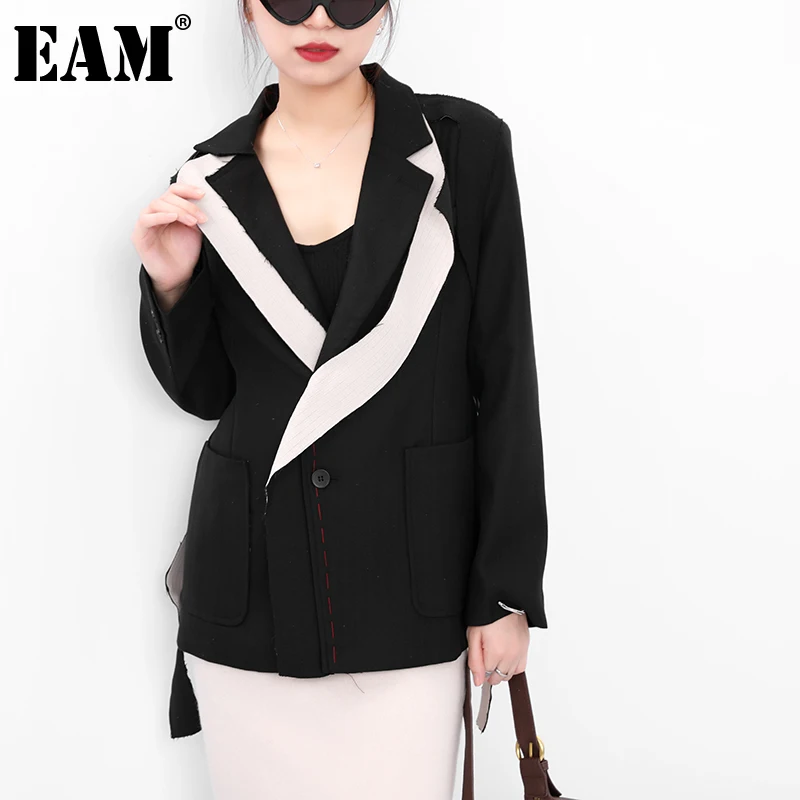 

[EAM] Women Contrast Color Burr Casual Blazer New Lapel Long Sleeve Loose Fit Jacket Fashion Tide Spring Autumn 2021 1W51901