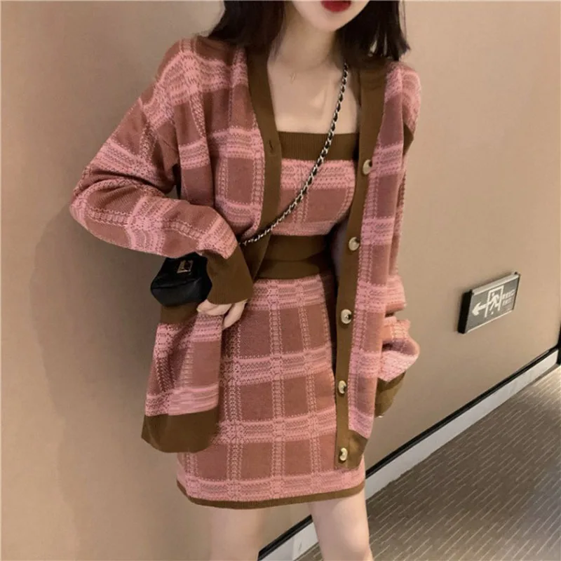 Women's Autumn Winter Plaid Cardigan Sweater Knit Suit New Korean Camisole A Word Skirt Three-piece Ins Tide ML168 |