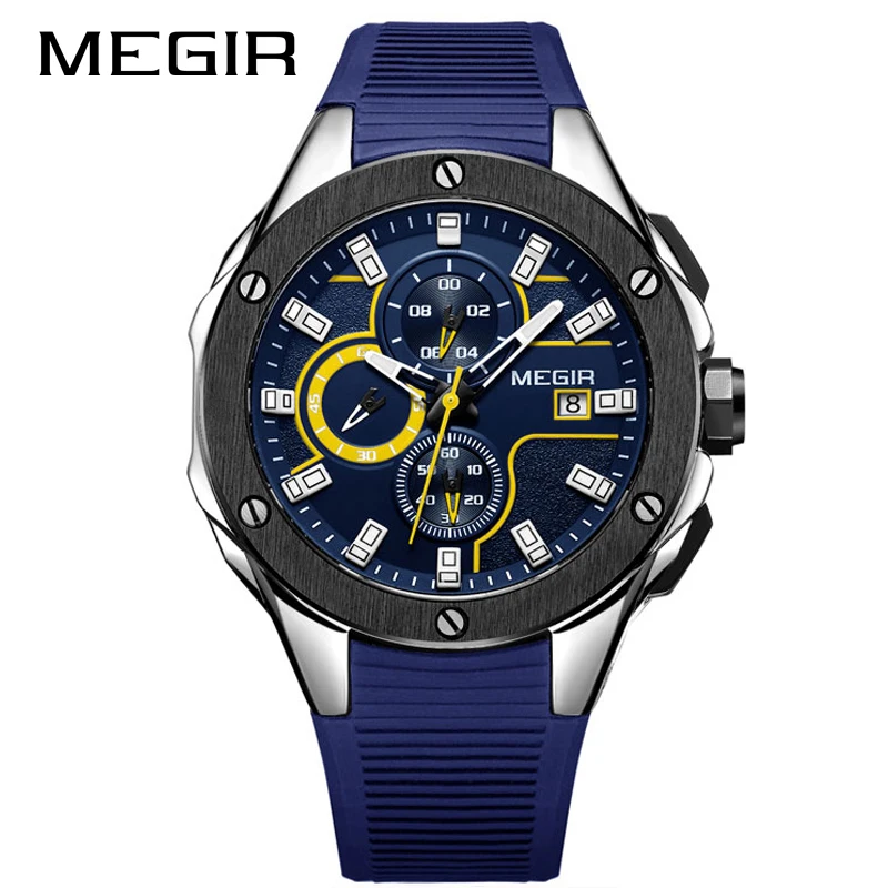 MEGIR мужские спортивные часы с хронографом силиконовый ремешок кварцевые