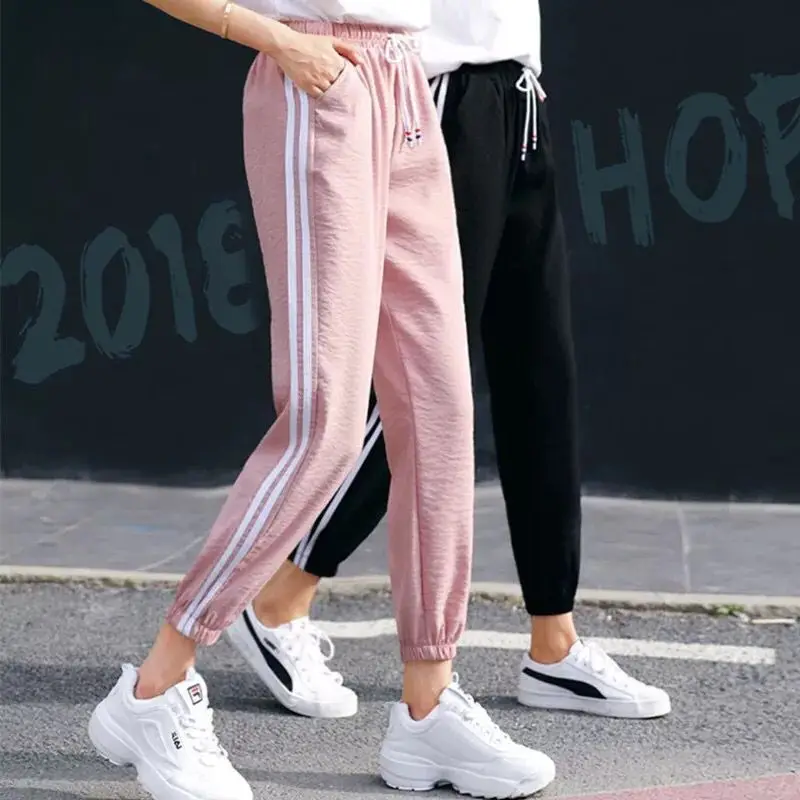 

Harajuku Drawstring Thin Summer Sports Ankle-length Pants Loose Casual High Waist Stripes Women Harlan Pants