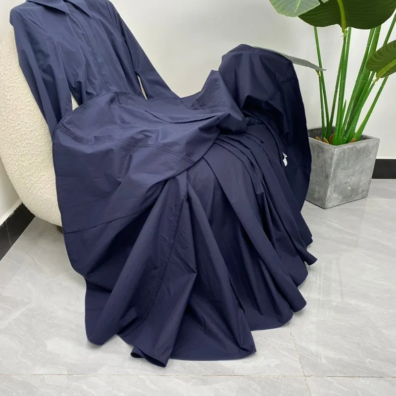 

2021 New Summer Womene Elegant Deep Blue Turn-down Collar Long Sleeve Ankle Length Dresses High Quality Cotton