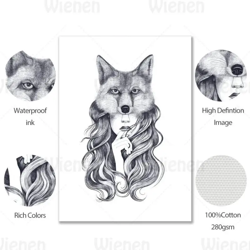 

Abstract Painting Wolf Cat Flower Head Woman Picture Hand-painted Pencil Drawing Figure Canvas Print Home Decoration Girl Room