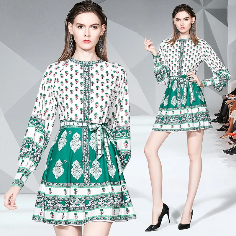 

Women Dress Summer Office Lady Print Knee-Length Lantern Sleeve Natural O-Neck Mini Elegant Party Dress 2019 New Fall Dress