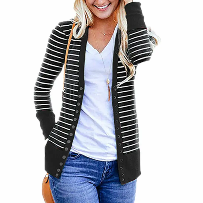 Женский вязаный длинный кардиган в полоску с длинными рукавами и пуговицами