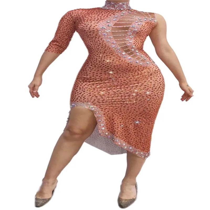 

Q154 Drills Diamond Pearls See-Through Slim Asymmetric Sleeves Singer Dancer Gem Sexy Performance Model Elastic Stretched Show