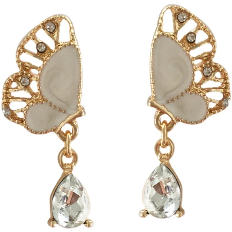 

FD-16 S925 Silver Needle Summer Fairy Girl Butterfly Stud Earrings Shiny Water Drop Diamond Earrings Fresh Earrings