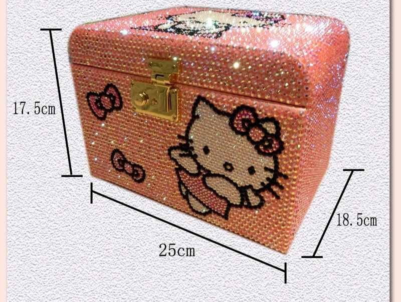 

Completely Handmade Helloo Kitty Rhinestone Wooden Box Jewelry Box with Lock Multi-layer Bead Storage Container Drawer Organizer