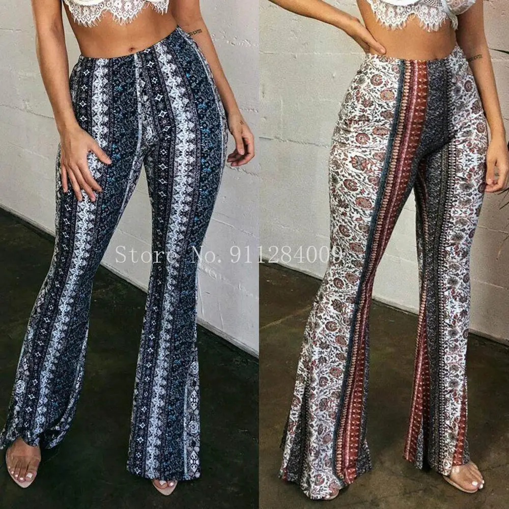 

2021 New Boho Summer Women's Stretch Bell Bottom Trousers Ladies Slim Printed Flared Pants High Waist Fashion Women Long Pants