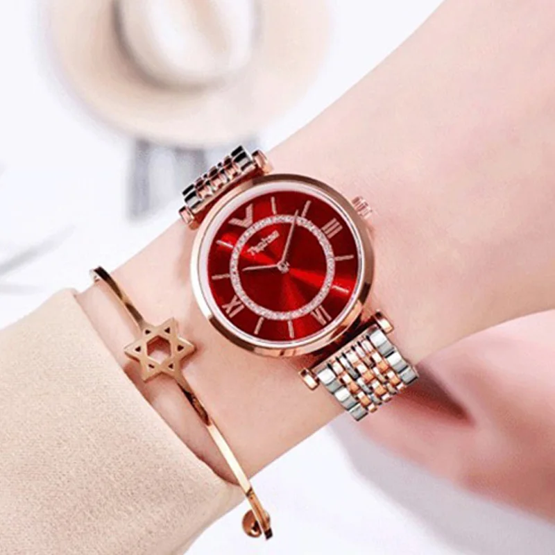 Женские модные черные часы из нержавеющей стали Кварцевые водонепроницаемые