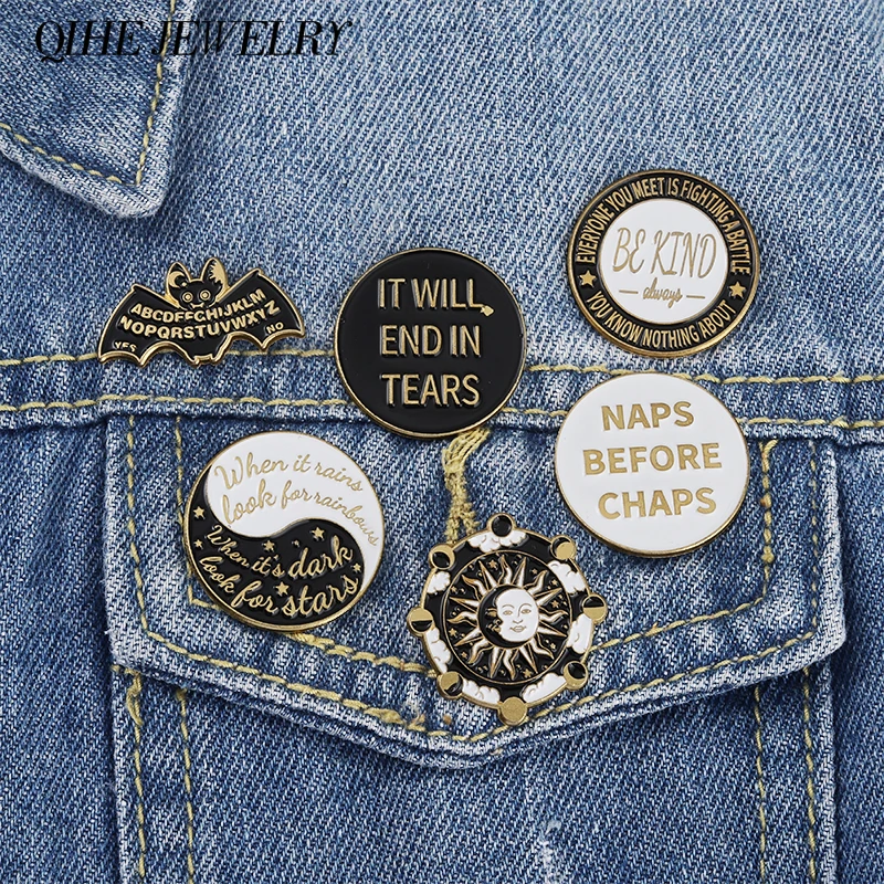 

Yin Yang Enamel Pin Day n Night Badges Bat Sun Black and Gold Letters Quote Brooches for Women Men Unisex Wholesale