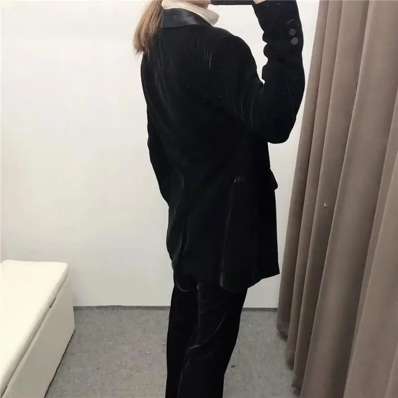 Винтаж Зубчатый Блейзер прямые брюки костюм из двух частей женский простой