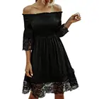 Летнее платье женское элегантное дамское платье с открытыми плечами 34 с длинными рукавами; Платье трапециевидной формы с кружевной вставкой горизонтальная воротник, пикантное черное платье 2021
