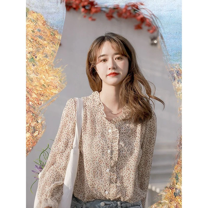 Женские весенне-осенние стильные шифоновые блузки с принтом v-образный вырез