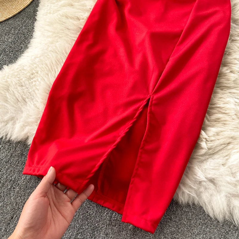 

Women Design Korean Dress Elegant Solid Slash Neck Sleeveless Slim Party Dresses Summer Sexy Off Shoulder Split Dress