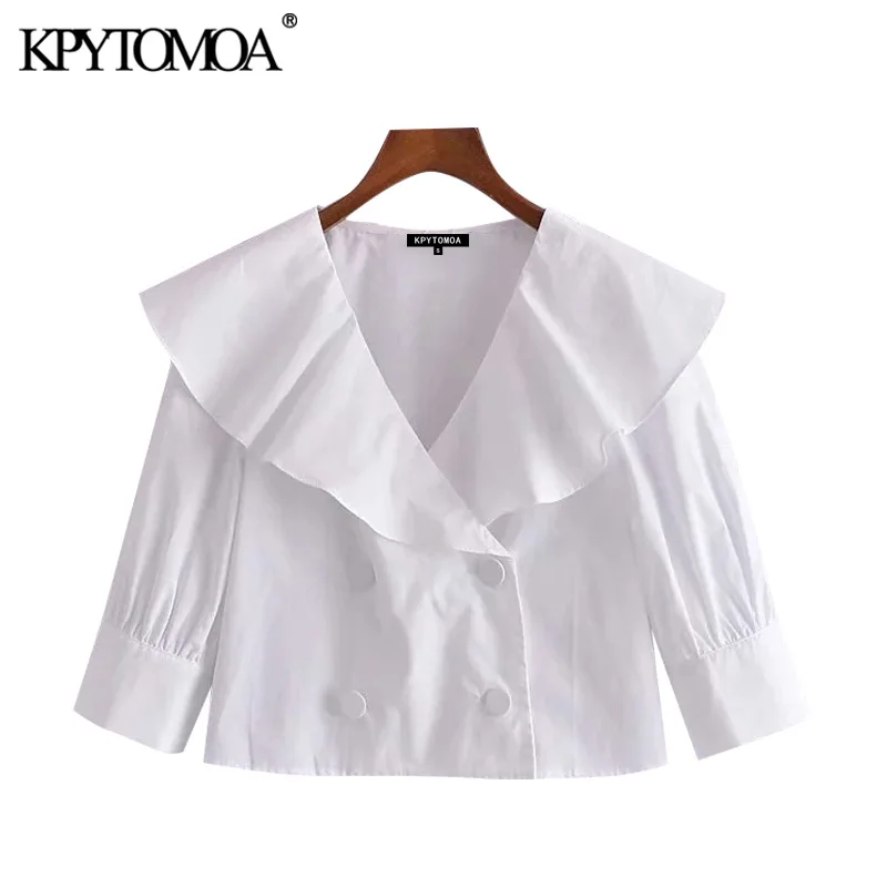 

KPYTOMOA Женская 2021 милая Мода с пуговицами укороченная белая блузка винтажные рукава-фонарики гофрированные женские рубашки шикарные топы